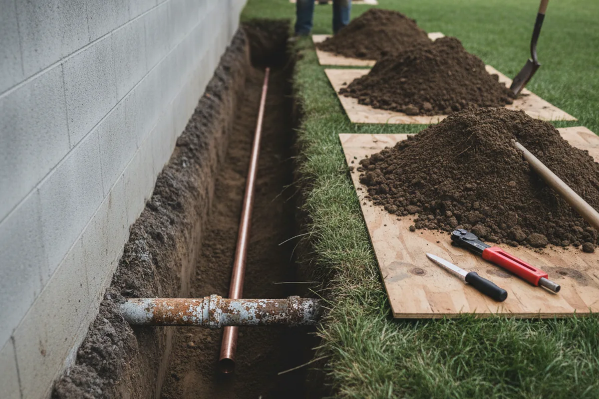 Excavated water line trench during Water Heater Repair in Morgan